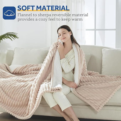 Sealy Electric Blanket Queen Size, Soft Ribbed Flannel to Sherpa Reversible Heated Blanket with Dual Control 10 Heat Settings & 1 to 12 Hours Auto-Off 84"x90" Machine Washable, Beige