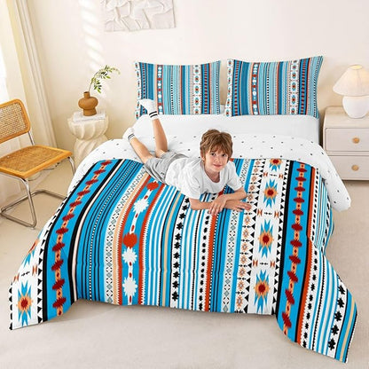 Erosebridal Western Decor,Vintage Exotic Indian Geometric Bedding Set Boho Western Comforter Set King,Ethnic Tribal Arrow Quilt Aztec Duvet Insert, Rustic Farmhouse Bedroom Blue White