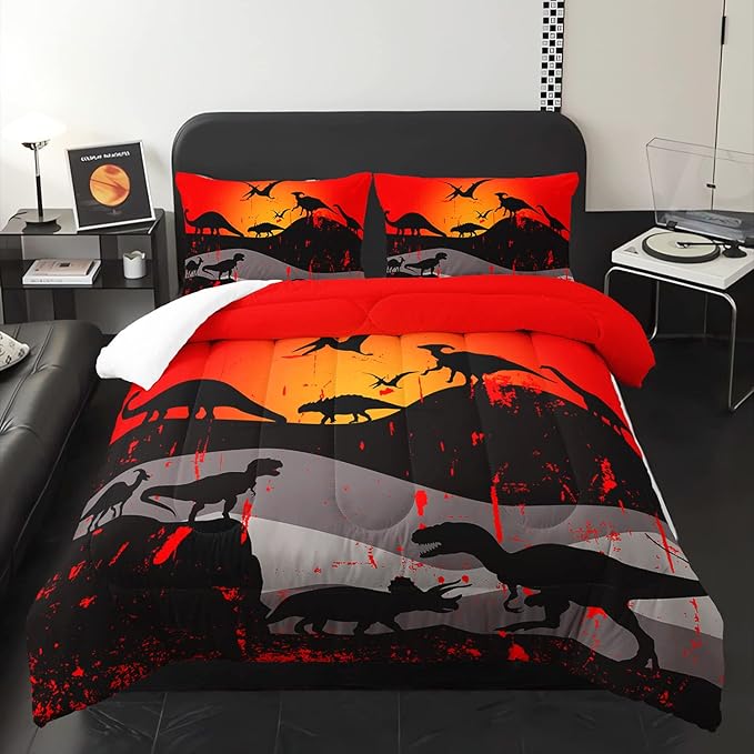 Cartoon Dinosaur Comforter Set Queen 3Pc Kawaii Dinosaur Bedding Set All Season with Tree, Leaf Decoration Includes 1 Comforter, 2 Pillowcases for Kids Girls Teens