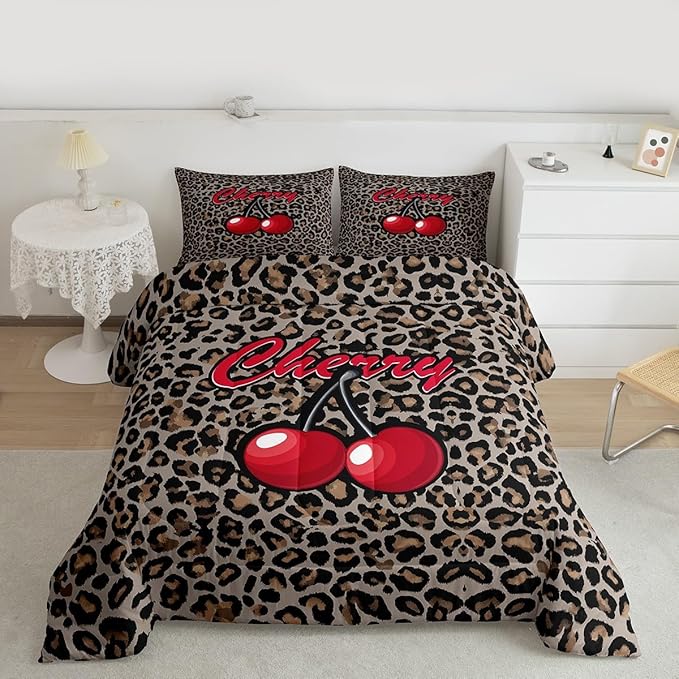 Erosebridal Cherry Leopard Comforter King Size for Kids Teens Adults,African Cheetah Print Bedding Set,Oil Painting Cherry Duvet Insert,Farmhouse Quilt Bedroom Decor