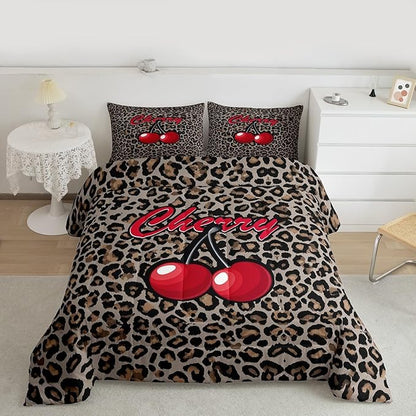 Erosebridal Cherry Leopard Twin Comforter Set for Kids Boys Girls,African Cheetah Print Bedding Set,Oil Painting Cherry Duvet Insert,Farmhouse Bed Set for All Season
