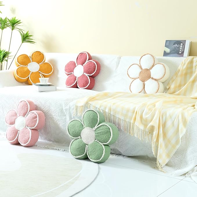 Sioloc Flower Shaped Pillow Daisy Pillows Floor Cushion Pastel Cute Seat Cushions Aesthetic Classroom Dorm Decorative Fun Throw Pillow for Bed,Couch(Sage Green,15.7")