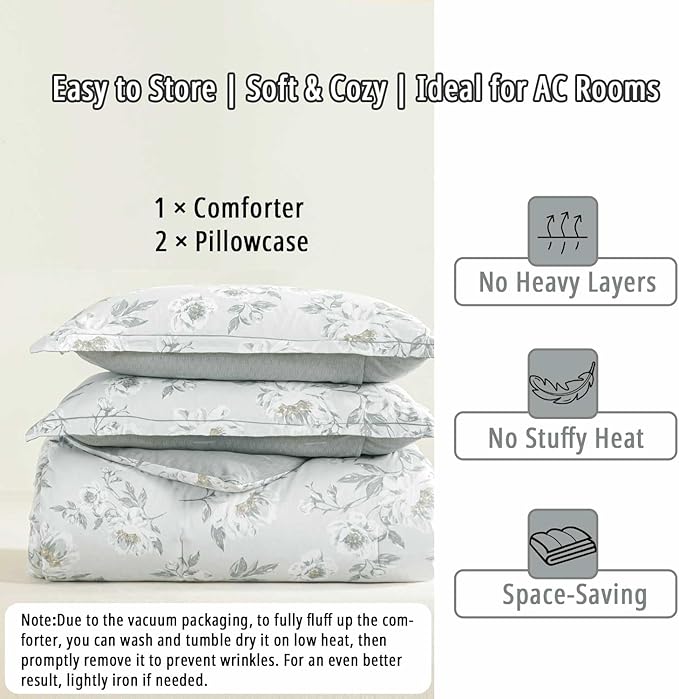 Floral Cotton Comforter Queen Size - Light Grey Comforter Printed with Vintage Ivory Flowers & Dark Yellow Stamens,Reversible Lightweight Bedding Sets 3Pcs(90"×90")