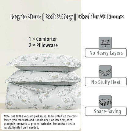Floral Cotton Comforter Queen Size - Light Grey Comforter Printed with Vintage Ivory Flowers & Dark Yellow Stamens,Reversible Lightweight Bedding Sets 3Pcs(90"×90")