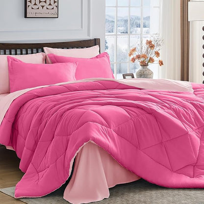 HEVUMYI Hot Pink & Baby Pink Full Comforter Set - 7-Piece All Season Bed in a Bag Full, Ultra Soft Bedding Set with Comforter, Flat Sheet, Fitted Sheet, Pillowcases, Pillow Shams