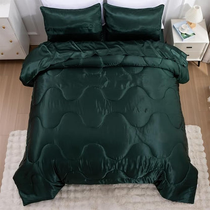 A Nice Night Satin Silky Soft Quilt Sexy Luxury Super Soft Microfiber Bedding Comforter Set Full/Queen, Light Weighted (Blackish Green, Queen)
