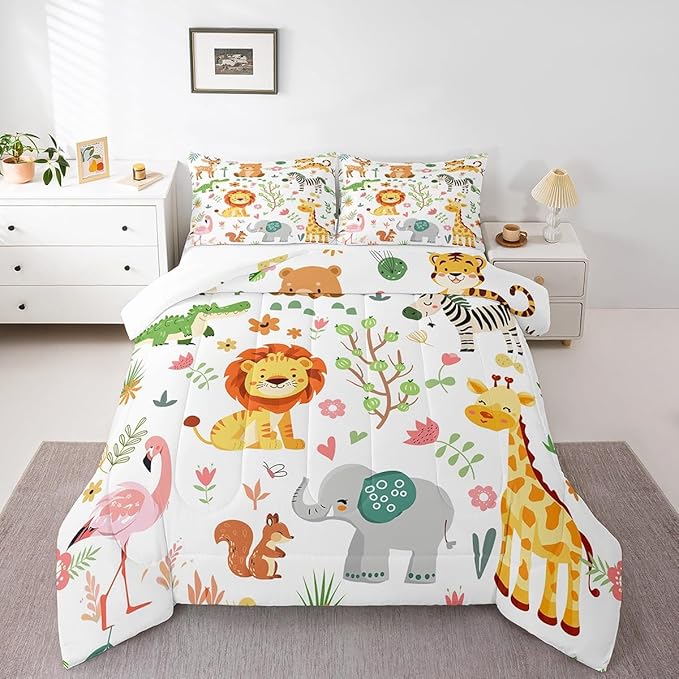Feelyou Twin Size Cartoon Lions Giraffe Comforter Set Zoo Animals Bedding Set Flamingo Zebra Comforter for Kids Boys Girls Kawaii Animals Duvet Insert 2Pcs