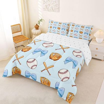 Baseball Bowknot Comforter Set Twin Size,Blue Bow Tie Knot Bedding Sets 2Pcs for Kids Girls Boys Women Room Decor,Baseball Bat Gloves Duvet Insert Ball Sport Games Down Comforter,1 Pillowcase