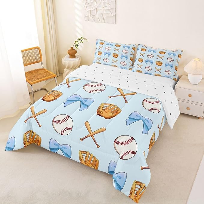 Baseball Bowknot Comforter Sets Full Size,Blue Bow Tie Knot Bedding Set 3Pcs for Kids Girls Boys Women Room Decor,Baseball Bat Gloves Quilted Duvet Ball Sport Games Down Comforter,2 Pillowcases