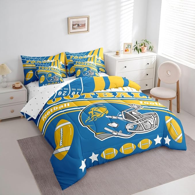 Feelyou Football 7 Pieces Comforter Sets Queen Size Kids Bedding Set for All Season Rugby Sports Football City Bed in a Bag with Comforter, Sheets, Pillowcases & Cushion Cover