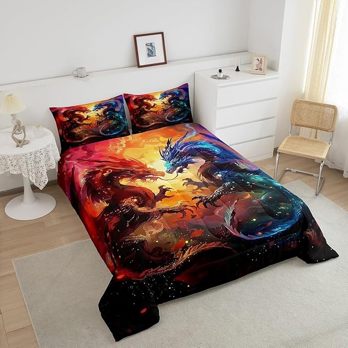 Feelyou Dragon Comforter Set Full Size Western Dragon Comforter for Boys Girls Teens Wildlife Bedding Set Wild Animal Duvet Set Room Decor Dark Orange Quilt Set