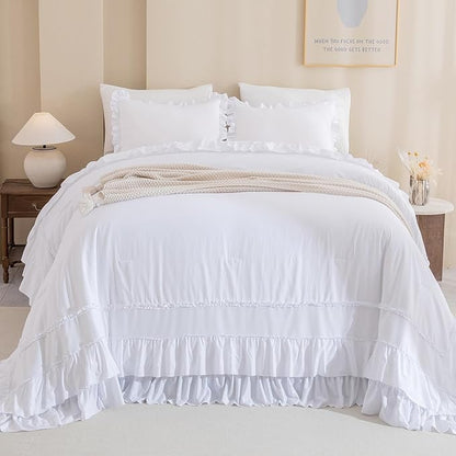 QSH Oversized King Comforter Set 120x120, White Farmhouse Ruffled Bed Comforter Shabby French Country Rustic Vintage Bedding Comforter Microfiber Soft Lightweight Fluffy Bedding 3 PCs