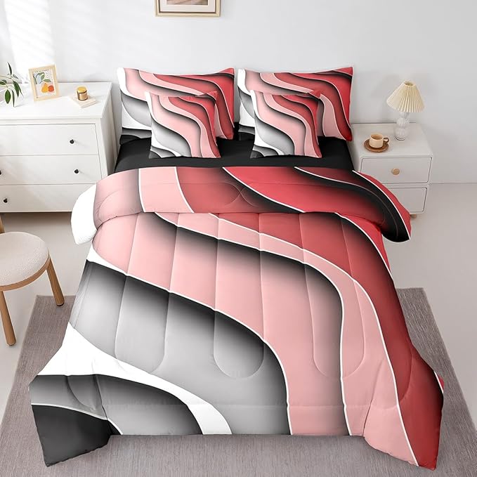 Rasberry Red Pink Grey Ombre Bedding Comforter Sets 7pcs for Girls Geometric Stripe Bed in a Bag, Aesthetic Wave King Bedding Sets Modern Abstract Comforter Set, Gradient Bedding Sets & Collections