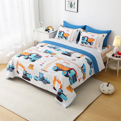 7 Pieces Boys Comforter Set Full Size Excavator Bedding Set Cartoon Car Kids Bed in a Bag Construction Truck Bedding for Children Kids Boys Teens for Birthday Choice