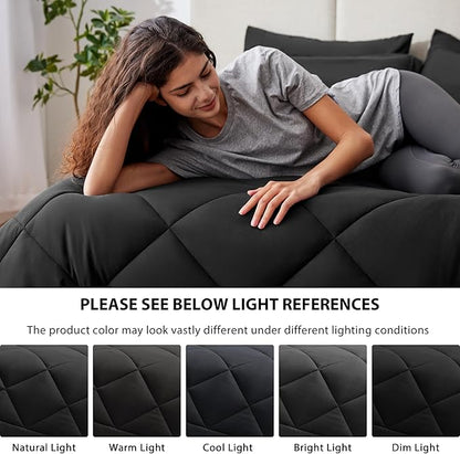 Love's cabin Queen Comforter Set Black, 7 Pieces Queen Bed in a Bag, All Season Bedding Sets with 1 Comforter, 1 Flat Sheet, 1 Fitted Sheet, 2 Pillowcase and 2 Pillow Sham