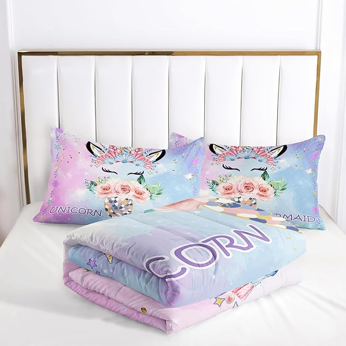 Cartoon Mermaid Tail Comforter Sets Full Size, Bedding Sets for Kids,Flowers and Scallops Comforter Sets All Season 1 Comforter and 2 Pillowcases