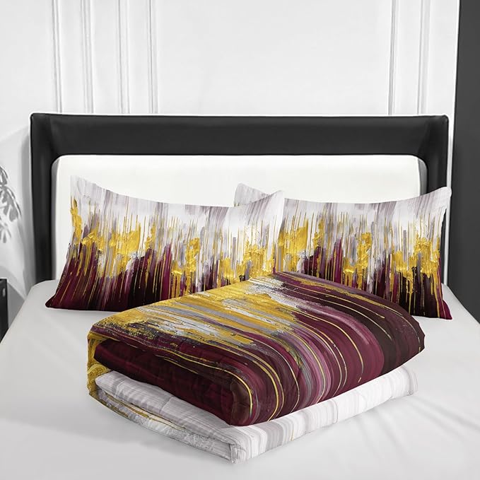 Wine Red White Gold Gradient Color Print Comforter Set Full Size,Abstract Art Bedding Set,Patchwork Printed Quilted Set for Teens Adult,with 1 Comforter and 2 Pillow Case