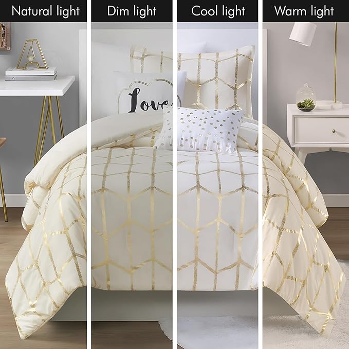 Intelligent Design Raina Twin / Twin XL Comforter Set, Soft Microfiber Comforter Set Twin, Modern Geometric Metallic Bed Set, 4 Pieces College Bedding Comforter Set with 1 Sham, 2 Toss Pillows Ivory