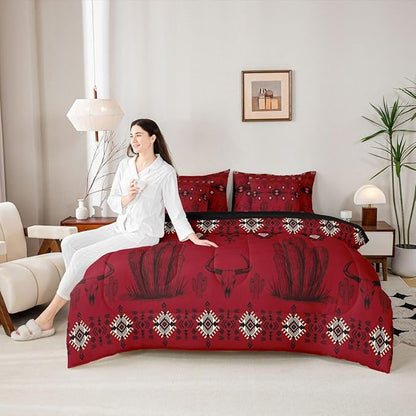 Erosebridal Red Southwestern Bedding Set King Vintage Western Aztec Comforter Set 7 Piece Bohemian Geometric Country Bed in A Bag Rustic Cactus Bull Skull Boho Tribal Quilt with Flat Fitted Sheet