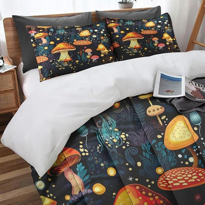 Mushroom Comforter Set for Kids Teens Adults King, Orange Green Plant Bedding Sets Water Washed Microfiber Bedding with 1 Comforter 2 Pillowcases All Season