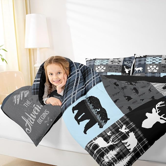 Cabin Retro Rustic Lodge Quilt King Size, Bear Deer Country Comforter Set For Kids Boys Teens Bedroom Decor, Hunting Wild Animal Bedding Plaid Checkered Adventure Down Comforter With 2 Pillow Cases