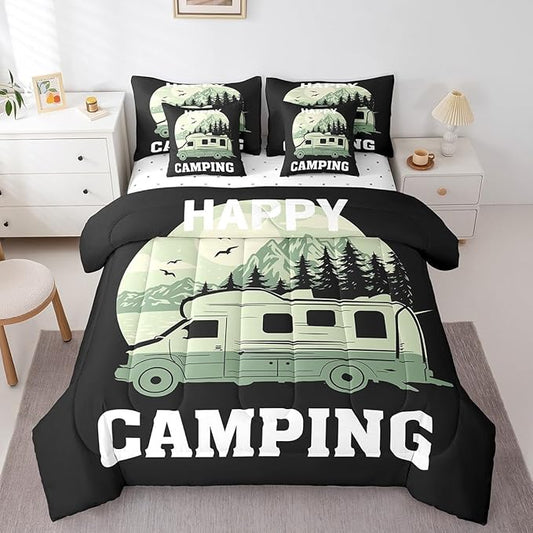 Erosebridal 7Pcs Comforter Set Full Size, Happy Camping Comforter Sets Bed in a Bag with Flat Sheet and Fitted Sheet for Kids and Adults, Rv Camper Bedding Set with Pillowcases & Throw Pillow Covers