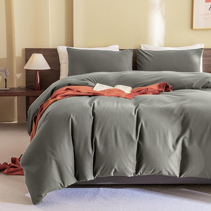 CozyTide Green Queen Comforter Set,Cotton Soft Solid Queen Size Bedding Comforter 3 Pieces Lightweight Fluffy Boho Bed Set for All Season