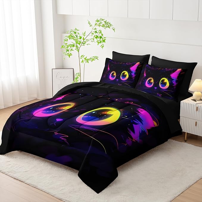 Cute Cat Kids Comforter Set Full Size 7pcs Black in Dark 3D Digital Animals Printed Pattern Comforter Set for Kids Boys Girls Adults Animal Print Room Decor