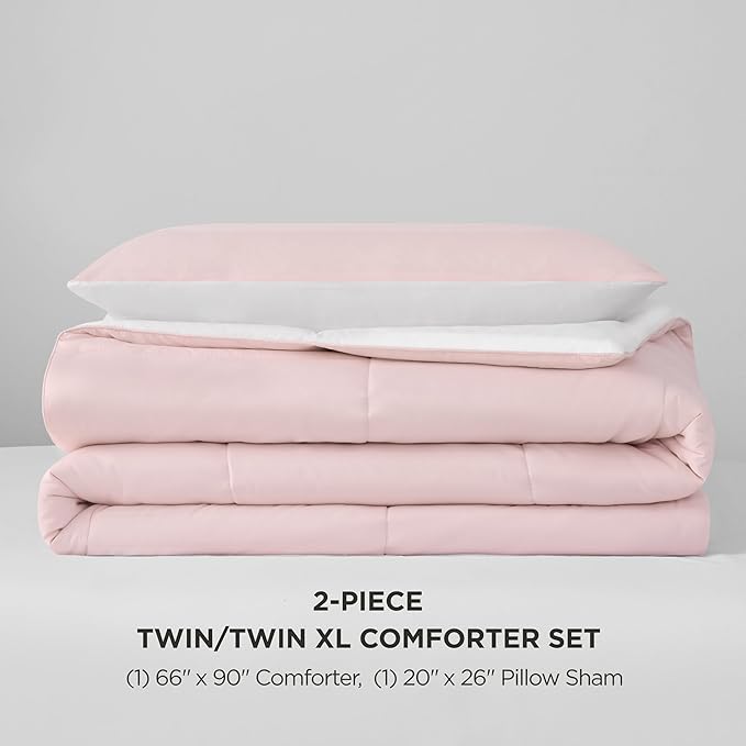 Juicy Couture Reversible Box Stitch Comforter Set, 2-Piece Twin/Twin XL – Pink Marshmallow/White – Glam Bedding Set