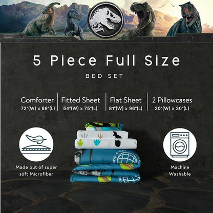 Jurassic World Rebirth Kids Bedding Super Soft Cozy Microfiber Comforter and Sheet Set, 5 Piece Full Size, (Officially Licensed Product) by Franco