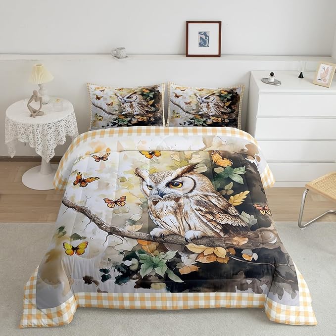 Manfei Owl Birds Kids Comforter Sets King,Jungle Exotic Birds Bedding Comforter Sets,Geometric Grids Quilt Sets for Boys Adult Bedroom Decor,Watercolor Butterfly Leaves Duvet Insert with 2 Pillowcases