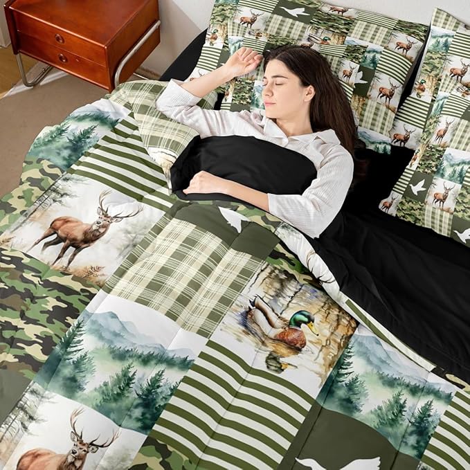 Erosebridal Green Camo Twin Comforter Set with Sheets | Mallard Duck Camo Deer 7-Piece Bedding Set Mens Country Camouflage Bed in a Bag, Woodland Animals Farmhouse Bed Sets,Cabin Duck Hunting Decor