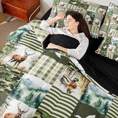 Erosebridal Green Camo Queen Comforter Set with Sheets | Mallard Duck Camo Deer 7-Piece Bedding Set Mens Country Camouflage Bed in a Bag, Woodland Animals Farmhouse Bed Sets,Cabin Duck Hunting Decor