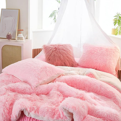 UOZZI BEDDING Pink Faux Fur Comforter Set Twin 3 Pieces - 1 Shaggy Comforter Set 68x86 and 2 Pillowcases, Ultra Soft and Easy Care Luxury Plush Shaggy Duvet Set for Girls Women Princess Style