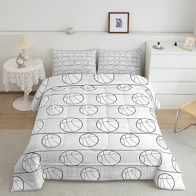 Manfei Basketball Comforter Set Full Size, Sports Gaming Theme Bedding Set for Kids Boys Girls Room Decor, Grey Wooden Plsnk Down Comforter, Lightweight Duvet Insert,2 Pillowcases