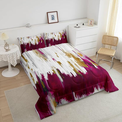 Erosebridal Abstract Graffiti Comforter Full Hot Pink Bedding Set for Girls Women, Oil Painting Gradient Down Comforter Modern Artwork Bed Set, Ombre Brush Strokes Quilted Duvet