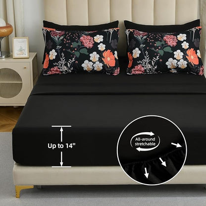 Yiran Black Red Floral Comforter Set King Size, 7 Piece Winter Comforter Bedding Set, Farmhouse Bed in a Bag, Soft Microfiber Complete Bedding Set with Sheets for All Season