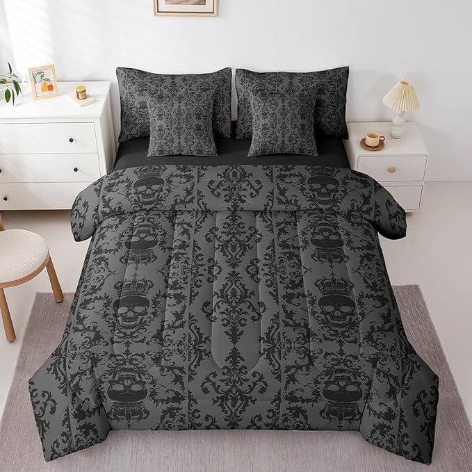 Erosebridal Gothic Skull 7 Piece Comforter Set Full Bed in a Bag,Black Dimgray Damask Bohemian Vintage Flowers Bedding Set,Goth Skeleton Sheet Set,Exotic Boho Floral Crown Victorian Antique Decor