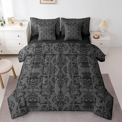 Erosebridal Gothic Skull 7 Piece Comforter Set Full Bed in a Bag,Black Dimgray Damask Bohemian Vintage Flowers Bedding Set,Goth Skeleton Sheet Set,Exotic Boho Floral Crown Victorian Antique Decor
