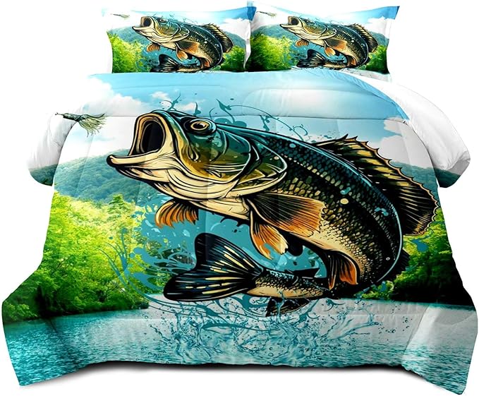 LUVIVIHOME 2PCS Fishing Comforter Set Twin Size, Bass Fish Bedding for Kids Boys, Lake Forest Wildlife Hunting Animal Country Rustic Farmhouse Bedroom Decor, Soft Microfiber Quilt, 1 Pillow Sham