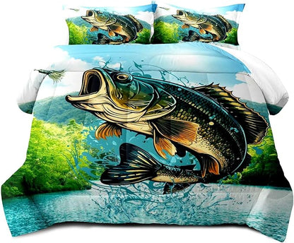 LUVIVIHOME 3PCS Fishing Comforter Set Full Size, Bass Fish Bedding for Kids Boys, Forest Wildlife Hunting Animal Country Rustic Farmhouse Bedroom Decor, Soft Microfiber Quilt, 2 Pillow Shams