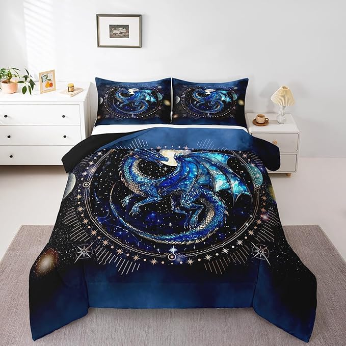 Feelyou Dragon Comforter Set Full Size Comforter for Boys Girls Teens Luxury Bedding Set Dragon Decor Duvet Set Room Decor Blue Black Quilt Set