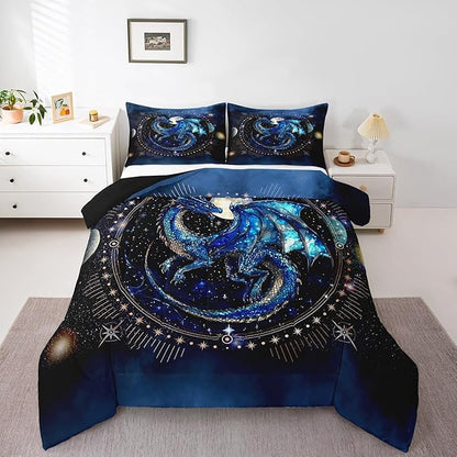 Feelyou Dragon Comforter Set Toddler Size Dragon Decor Duvet Set Luxury Bedding Set Blue Black Quilt Set