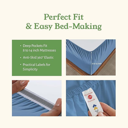 California Design Den Extra Long Twin Sheets Set - Soft 100% Organic Cotton, Cool Percale, Deep Pocket Organic Sheets with Anti-Skid Elastic, Durable Bedding Set for Dorm Room - Riviera Blue