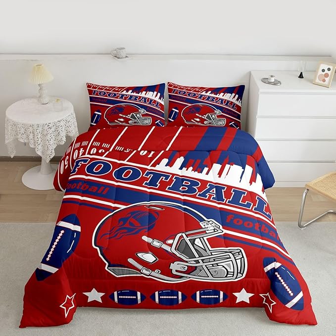 Feelyou Football Bedding Set Boys Girls Queen Size Rugby Sports Comforter Set Football City Duvet Quilt Sports Themed Bedroom Decor