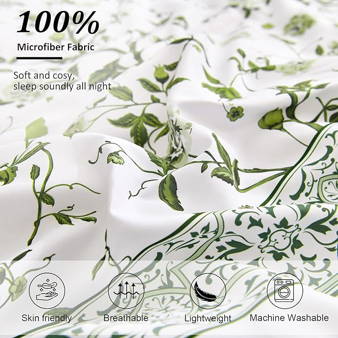 Dobuyly Floral Queen Comforter Set, 7 Piece Bed in a Bag Queen Size Sage Green Flowers on White Botanical Bedding Set, Soft Microfiber Bedding Comforter Sets with Sheets for All Season