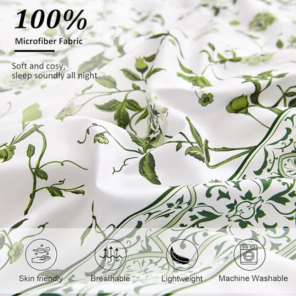 Dobuyly Floral King Size Comforter Set, Sage Green Flowers on White Botanical Bedding Set 7 Piece Bed in a Bag King, Soft Microfiber Bedding Comforter Sets with Sheets for All Season