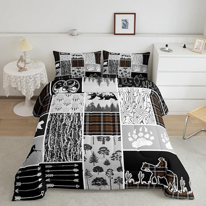 Erosebridal Western Bedding Toddler Size,Farmhouse Horse Cowboy Comforter Set Cabin Decor,Retro Brown Plaid Grid Quilt Western Bed Set,Wild Animals Paw Arrow Hunting Theme Duvet Insert
