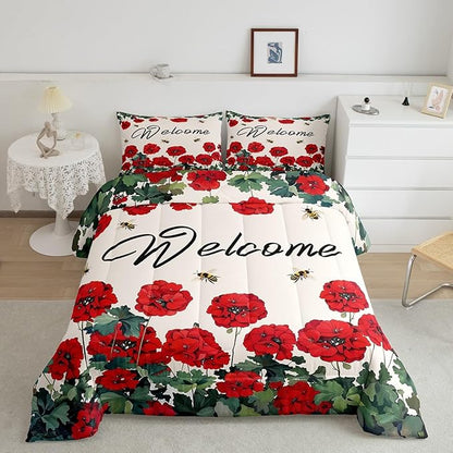 Erosebridal Red Farmhouse Flower Bedding Sets Queen Spring Bee Geranium Down Comforter Rustic Blossom Floral Comforter Set for Kids Girls Adults Women,Green Leaf Bed Set Country Garden Style Decor