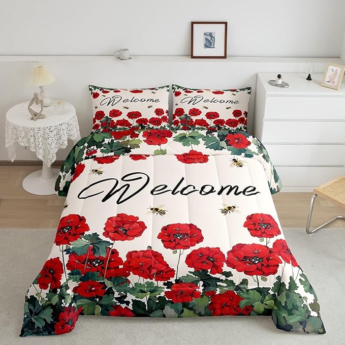 Erosebridal Red Farmhouse Flower Bedding Sets Twin Spring Bee Geranium Down Comforter Rustic Blossom Floral Comforter Set for Kids Girls Adults Women,Green Leaf Bed Set Country Garden Style Decor